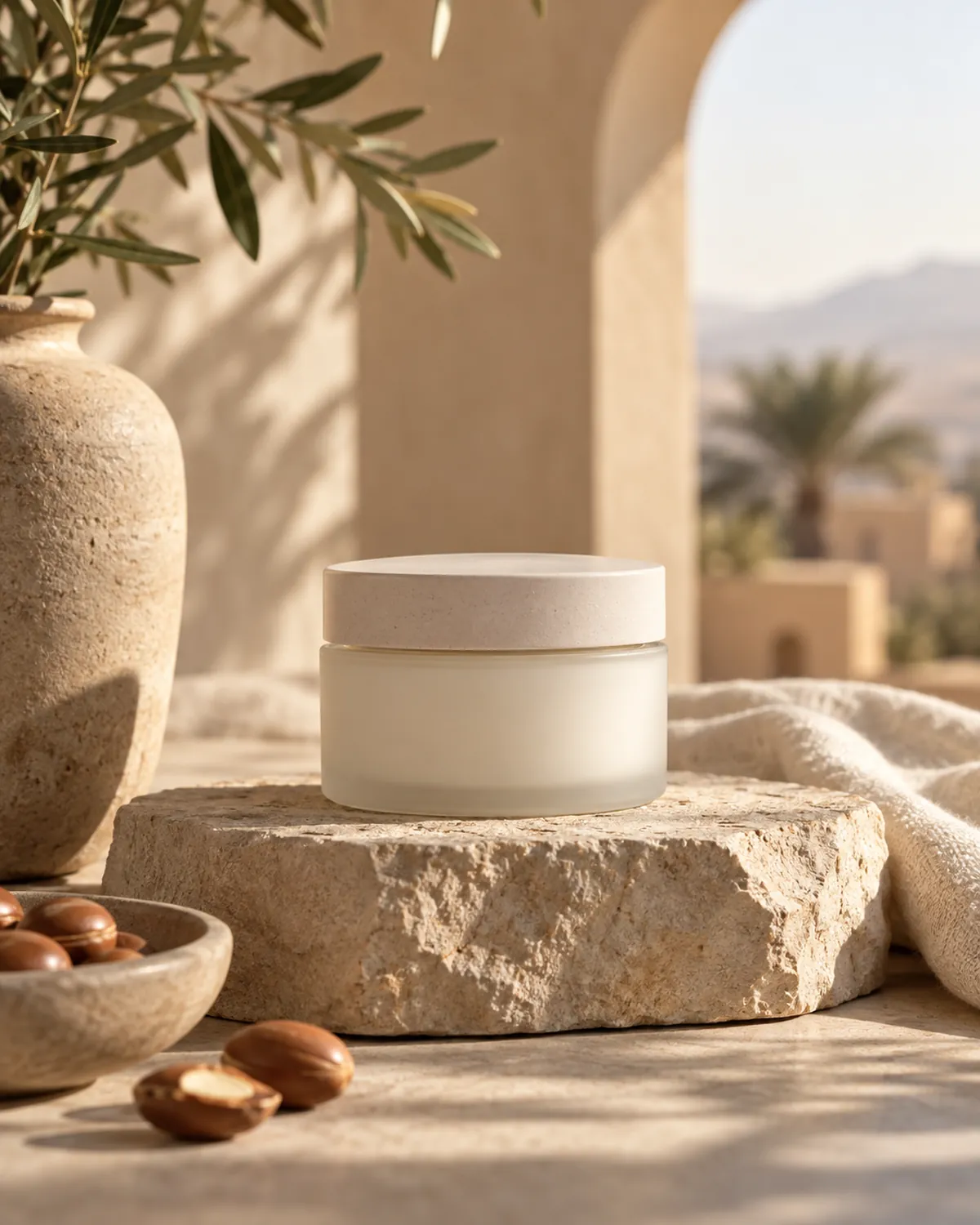 A plain product jar on a stone pedestal in directional light.