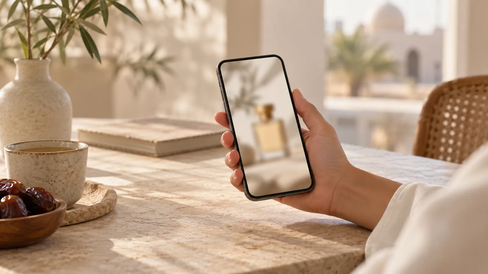 A hand holds a phone displaying a blurred product photograph.
