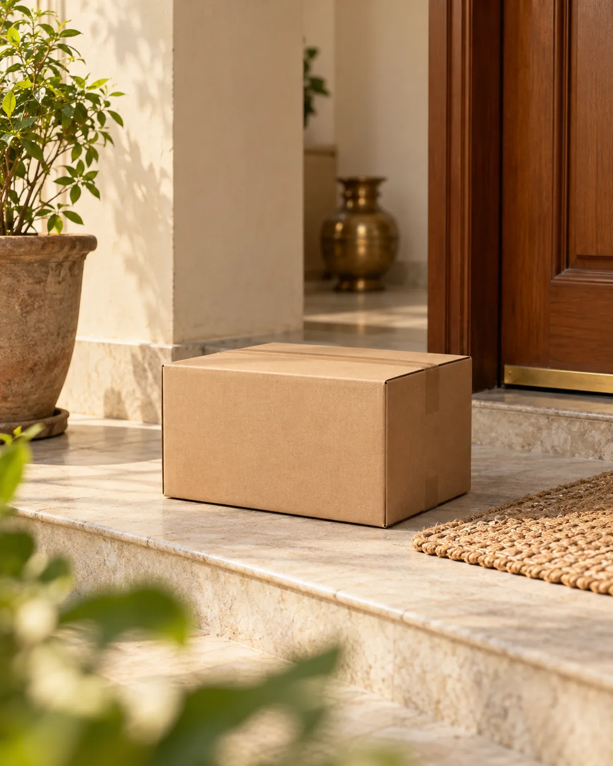 A plain delivery box on a home’s doorstep.
