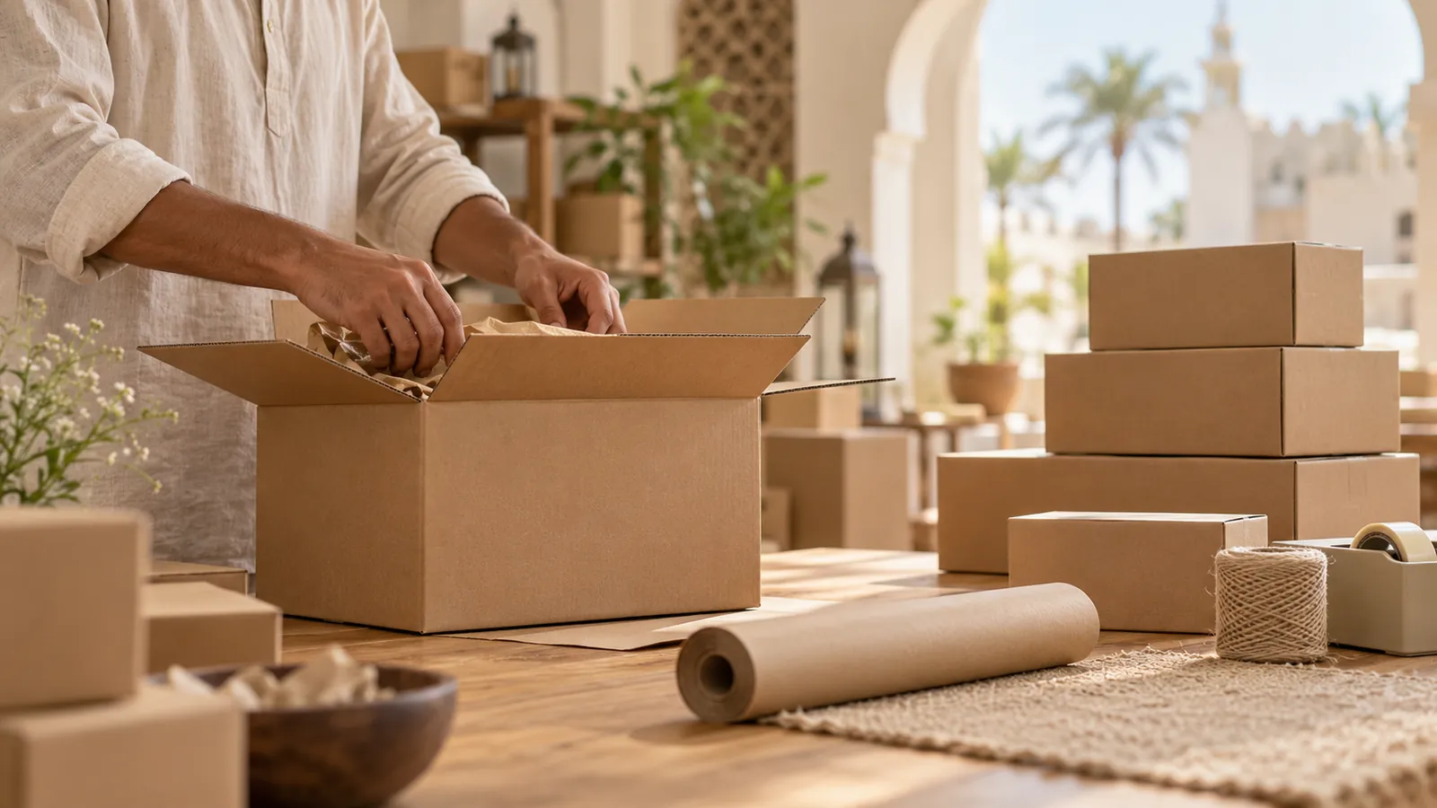 Hands pack a plain box at a packing station.