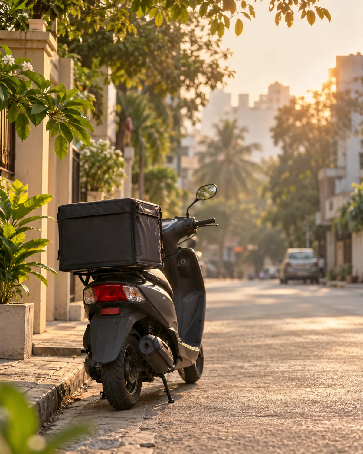 An unmarked delivery scooter on a Bengaluru street at golden hour.