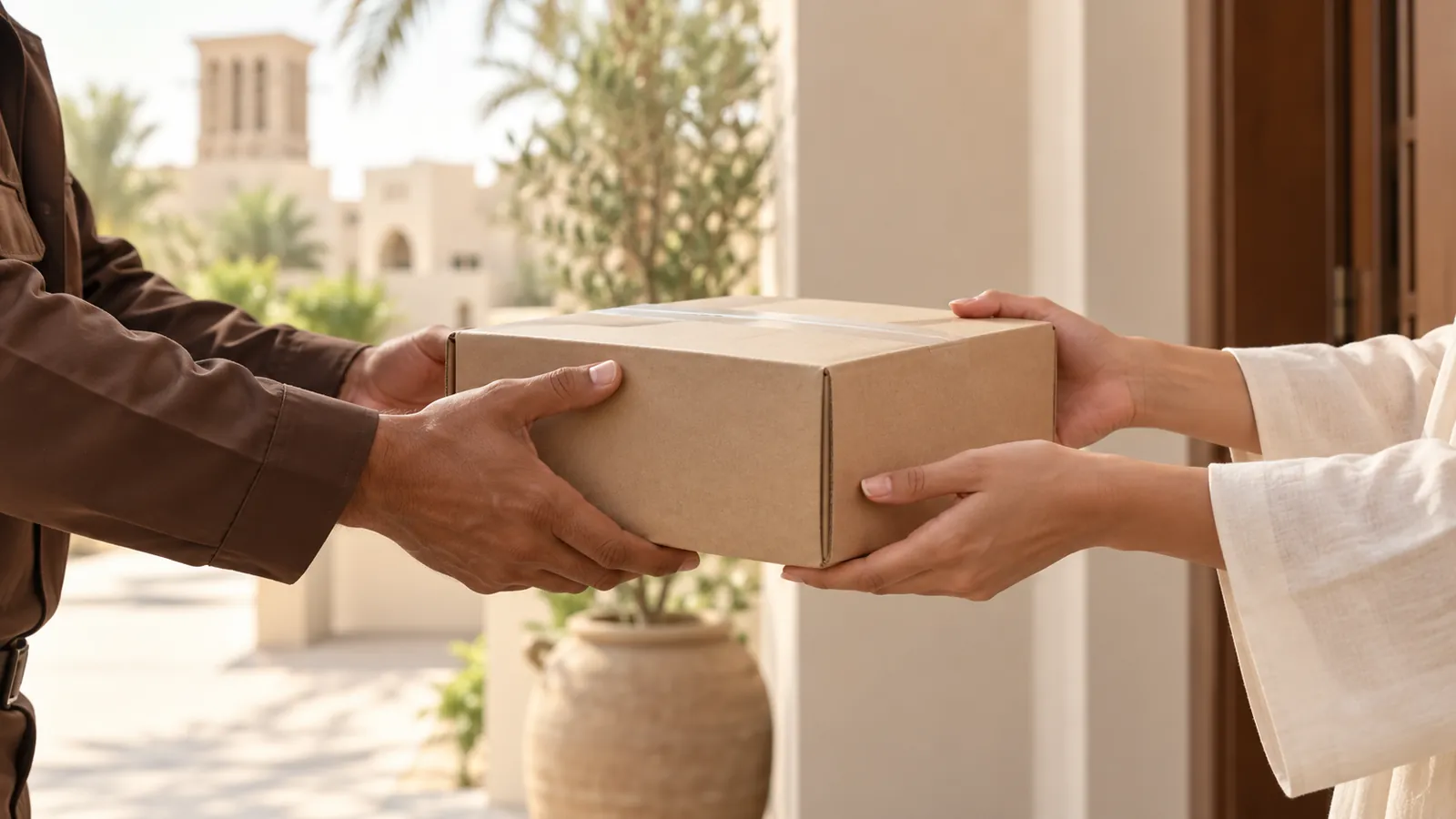 Courier and customer hands exchange a plain parcel.